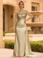 Sophisticated Sheath Scoop Long Sleeves Sequin Floor-Length Silk Like Satin Mother of the Bride Dress