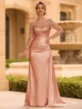 Sophisticated Sheath Scoop Long Sleeves Sequin Floor-Length Silk Like Satin Mother of the Bride Dress