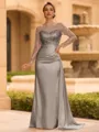 Sophisticated Sheath Scoop Long Sleeves Sequin Floor-Length Silk Like Satin Mother of the Bride Dress