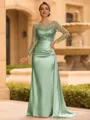 Sophisticated Sheath Scoop Long Sleeves Sequin Floor-Length Silk Like Satin Mother of the Bride Dress