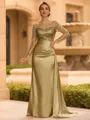 Sophisticated Sheath Scoop Long Sleeves Sequin Floor-Length Silk Like Satin Mother of the Bride Dress