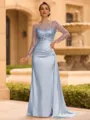 Sophisticated Sheath Scoop Long Sleeves Sequin Floor-Length Silk Like Satin Mother of the Bride Dress