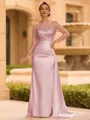 Sophisticated Sheath Scoop Long Sleeves Sequin Floor-Length Silk Like Satin Mother of the Bride Dress