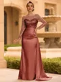 Sophisticated Sheath Scoop Long Sleeves Sequin Floor-Length Silk Like Satin Mother of the Bride Dress