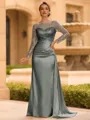 Sophisticated Sheath Scoop Long Sleeves Sequin Floor-Length Silk Like Satin Mother of the Bride Dress