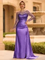 Sophisticated Sheath Scoop Long Sleeves Sequin Floor-Length Silk Like Satin Mother of the Bride Dress