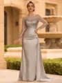 Sophisticated Sheath Scoop Long Sleeves Sequin Floor-Length Silk Like Satin Mother of the Bride Dress