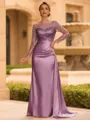 Sophisticated Sheath Scoop Long Sleeves Sequin Floor-Length Silk Like Satin Mother of the Bride Dress