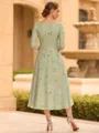 Stylish A-line V-Neck 3/4 Sleeves Pleated Tea-Length Mother of the Bride Dress