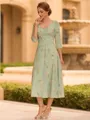Stylish A-line V-Neck 3/4 Sleeves Pleated Tea-Length Mother of the Bride Dress