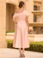 Classy A-line One-Shoulder Short Sleeves Pleated Tea-Length Charmeuse Mother of the Bride Dress