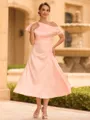 Classy A-line One-Shoulder Short Sleeves Pleated Tea-Length Charmeuse Mother of the Bride Dress