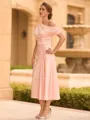 Classy A-line One-Shoulder Short Sleeves Pleated Tea-Length Charmeuse Mother of the Bride Dress