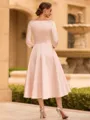 Refined A-line V-Neck 3/4 Sleeves Pleated Tea-Length Satin Corset Mother of the Bride Dress