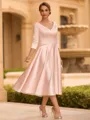 Refined A-line V-Neck 3/4 Sleeves Pleated Tea-Length Satin Corset Mother of the Bride Dress