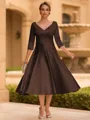Refined A-line V-Neck 3/4 Sleeves Pleated Tea-Length Satin Corset Mother of the Bride Dress