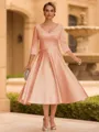 Refined A-line V-Neck 3/4 Sleeves Pleated Tea-Length Satin Corset Mother of the Bride Dress