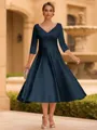 Refined A-line V-Neck 3/4 Sleeves Pleated Tea-Length Satin Corset Mother of the Bride Dress