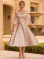 Refined A-line V-Neck 3/4 Sleeves Pleated Tea-Length Satin Corset Mother of the Bride Dress