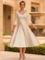 Refined A-line V-Neck 3/4 Sleeves Pleated Tea-Length Satin Corset Mother of the Bride Dress