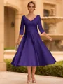 Refined A-line V-Neck 3/4 Sleeves Pleated Tea-Length Satin Corset Mother of the Bride Dress
