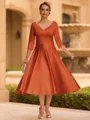 Refined A-line V-Neck 3/4 Sleeves Pleated Tea-Length Satin Corset Mother of the Bride Dress