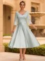 Refined A-line V-Neck 3/4 Sleeves Pleated Tea-Length Satin Corset Mother of the Bride Dress
