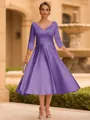 Refined A-line V-Neck 3/4 Sleeves Pleated Tea-Length Satin Corset Mother of the Bride Dress