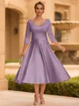 Refined A-line V-Neck 3/4 Sleeves Pleated Tea-Length Satin Corset Mother of the Bride Dress