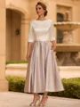 Chic A-line Scoop 3/4 Sleeves Beading Tea-Length Charmeuse Corset Mother of the Bride Dress
