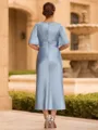 Flattering Sheath V-Neck Short Sleeves Pleated Tea-Length Silk Like Satin Mother of the Bride Dress