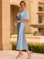 Flattering Sheath V-Neck Short Sleeves Pleated Tea-Length Silk Like Satin Mother of the Bride Dress
