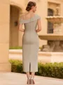 Timeless Sheath Scoop Short Sleeves Pleated Tea-Length Mother of the Bride Dress