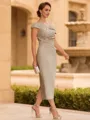 Timeless Sheath Scoop Short Sleeves Pleated Tea-Length Mother of the Bride Dress