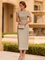 Timeless Sheath Scoop Short Sleeves Pleated Tea-Length Mother of the Bride Dress