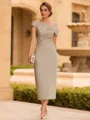 Timeless Sheath Scoop Short Sleeves Pleated Tea-Length Mother of the Bride Dress