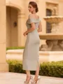 Timeless Sheath Scoop Short Sleeves Pleated Tea-Length Mother of the Bride Dress
