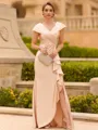 Resplendent Sheath V-Neck Short Sleeves Pleated Floor-Length Mother of the Bride Dress