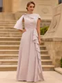 Polished A-line Scoop Short Sleeves Ruffles Floor-Length Stretch Crepe Corset Mother of the Bride Dress