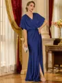 Statuesque Sheath V-Neck Short Sleeves Pleated Floor-Length Jersey Mother of the Bride Dress