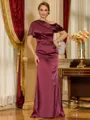 Endearing Sheath One-Shoulder Short Sleeves Pleated Floor-Length Silk Like Satin Mother of the Bride Dress