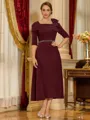 Gorgeous Sheath Square 1/2 Sleeves Beading Tea-Length Stretch Crepe Mother of the Bride Dress