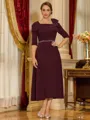 Gorgeous Sheath Square 1/2 Sleeves Beading Tea-Length Stretch Crepe Mother of the Bride Dress