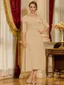 Gorgeous Sheath Square 1/2 Sleeves Beading Tea-Length Stretch Crepe Mother of the Bride Dress