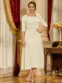 Gorgeous Sheath Square 1/2 Sleeves Beading Tea-Length Stretch Crepe Mother of the Bride Dress