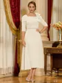 Gorgeous Sheath Square 1/2 Sleeves Beading Tea-Length Stretch Crepe Mother of the Bride Dress