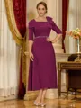 Gorgeous Sheath Square 1/2 Sleeves Beading Tea-Length Stretch Crepe Mother of the Bride Dress