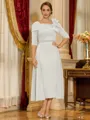 Gorgeous Sheath Square 1/2 Sleeves Beading Tea-Length Stretch Crepe Mother of the Bride Dress