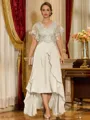 Unique A-line V-Neck Short Sleeves Appliques Lace Asymmetrical Chiffon Corset Mother of the Bride Dress