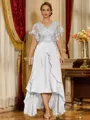 Unique A-line V-Neck Short Sleeves Appliques Lace Asymmetrical Chiffon Corset Mother of the Bride Dress